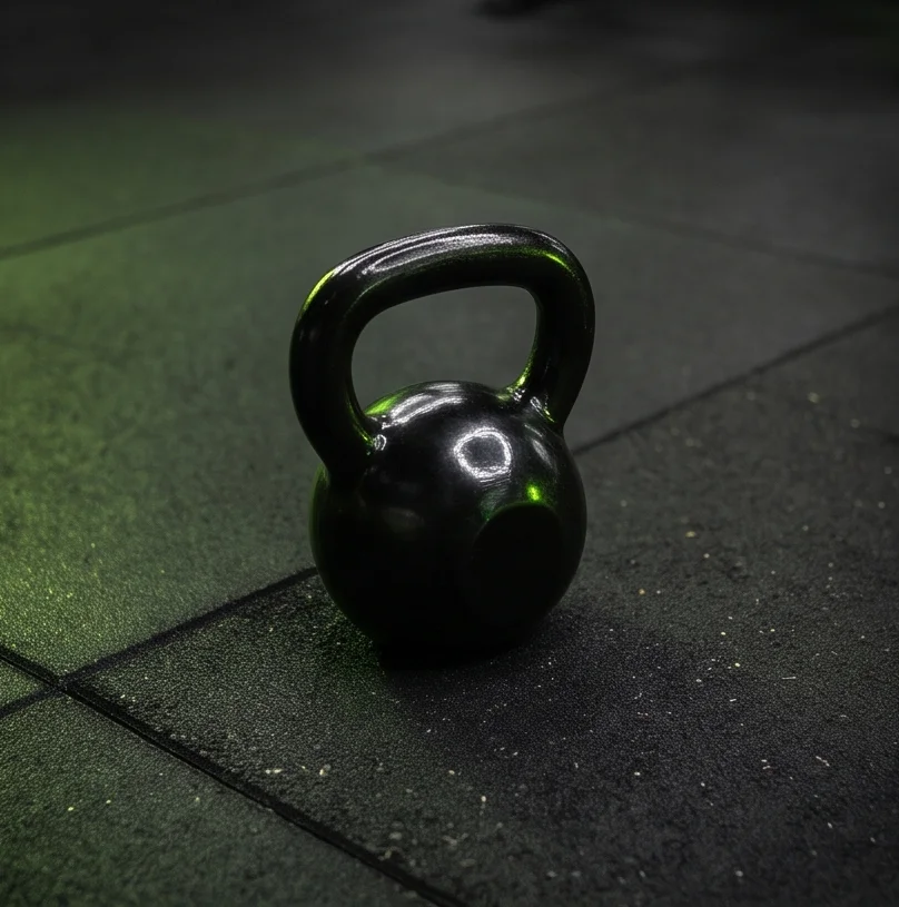 Czarny kettlebell na gumowej podłodze siłowni